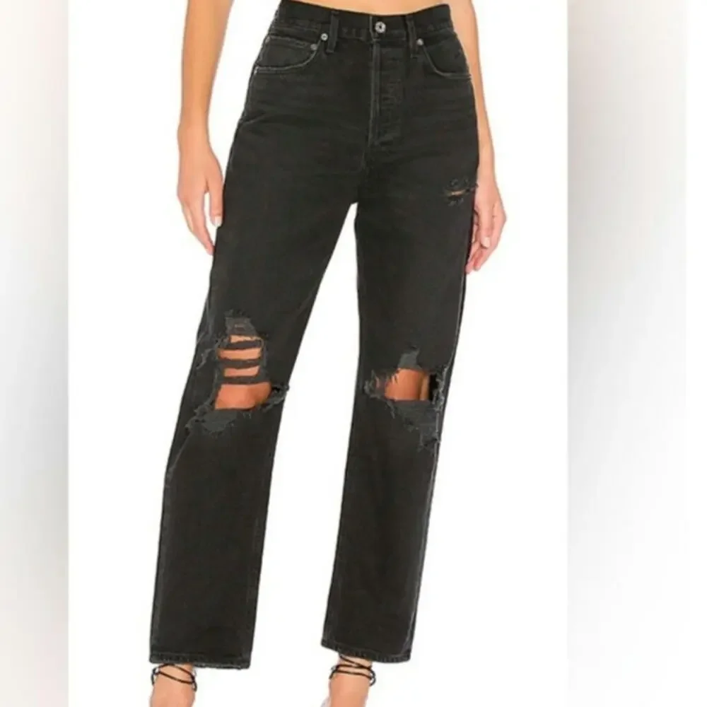 Agolde 90s midrise loose fit black jeans ripped distressed audio - Picture 1 of 12
